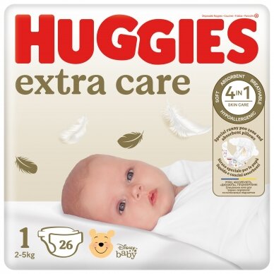 HUGGIES EXTRA CARE sausk 1( 3-5 kg) Newborn, 26 vnt