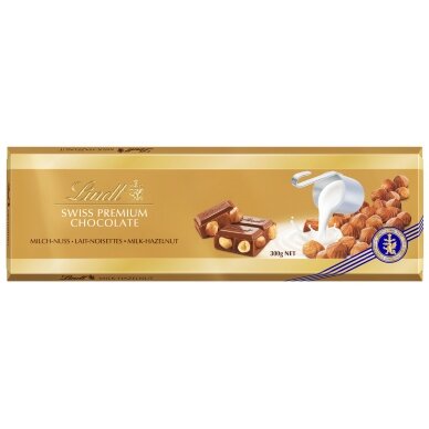 LINDT GOLD pieninis šokoladas su lazdynų riešutais, 300g