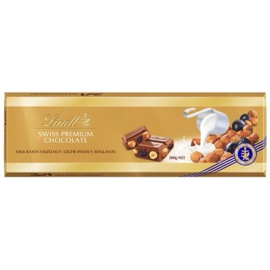 LINDT GOLD pieninis šokoladas su razinomis ir riešutais, 300g