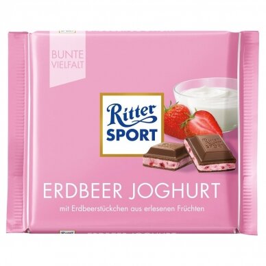 RITTER SPORT pieniškas šokoladas su jogurtu ir braškėmis, 100 g