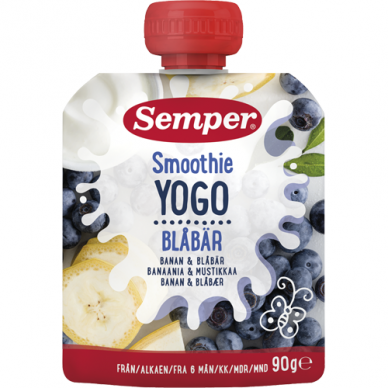 SEMPER YOGO geriamoji jogurto, bananų ir mėlynių tyrė 6mėn., 90g