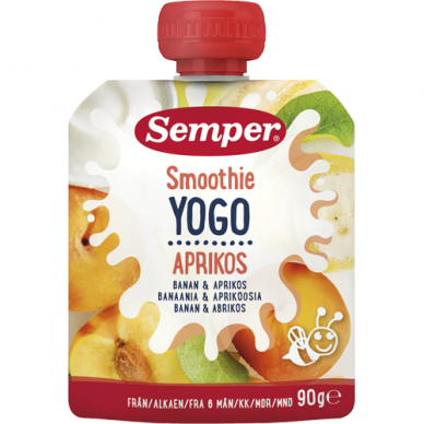 SEMPER YOGO Geriamoji jogurto, bananų ir abrikosų tyrė, 6mėn., 90g